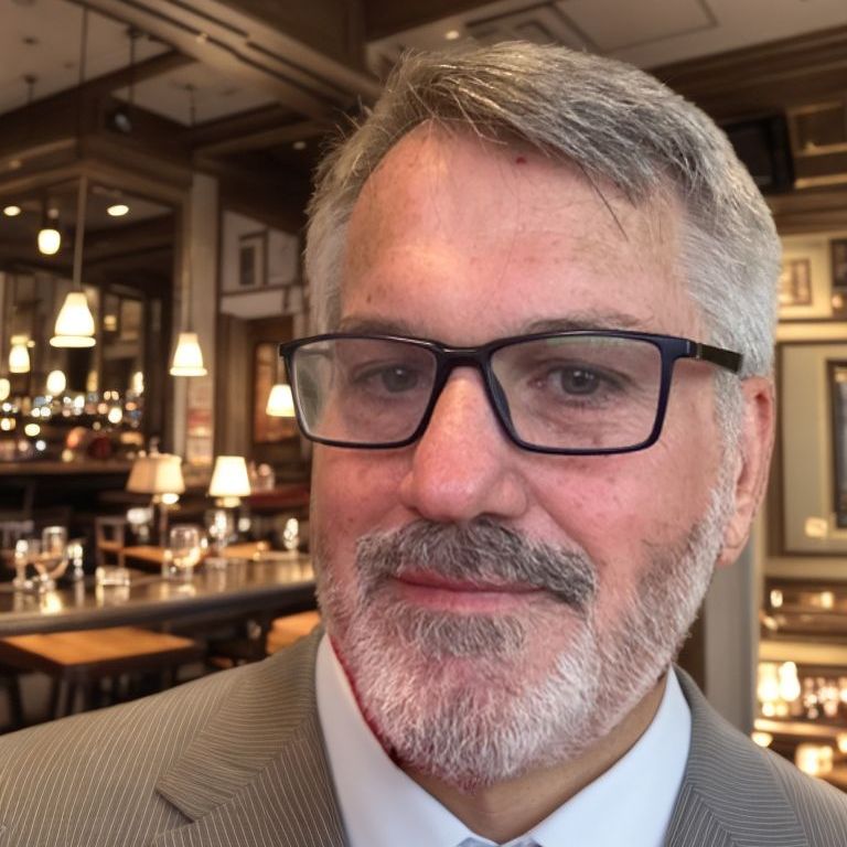 A man with glasses and a beard looks at the camera