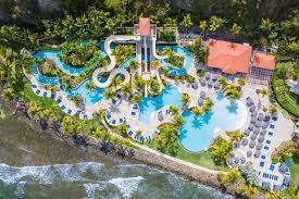 An aerial view of a water park surrounded by trees and a body of water.