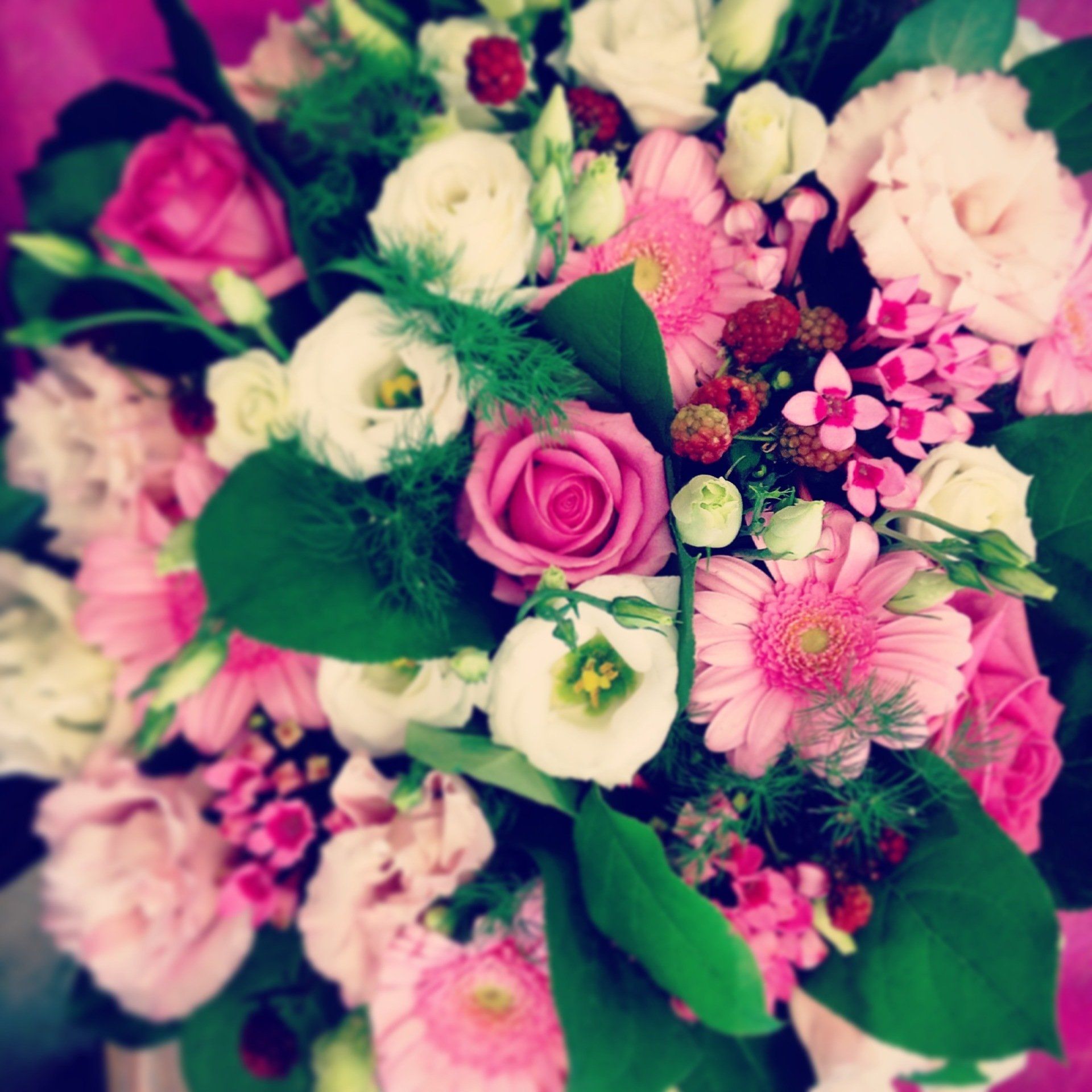 Un bouquet di fiori rosa e bianchi con foglie verdi