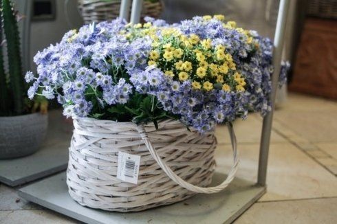 Un cesto pieno di fiori viola e gialli è appoggiato su un tavolo.