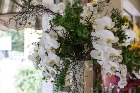 Un vaso pieno di orchidee bianche e verde