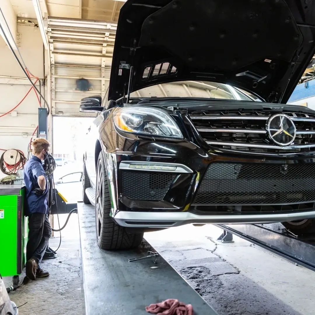 Black Mercedes-Benz ML 63 AMG SUV Undergoing Maintenance | Stevens Creek Muffler & Auto Repair
