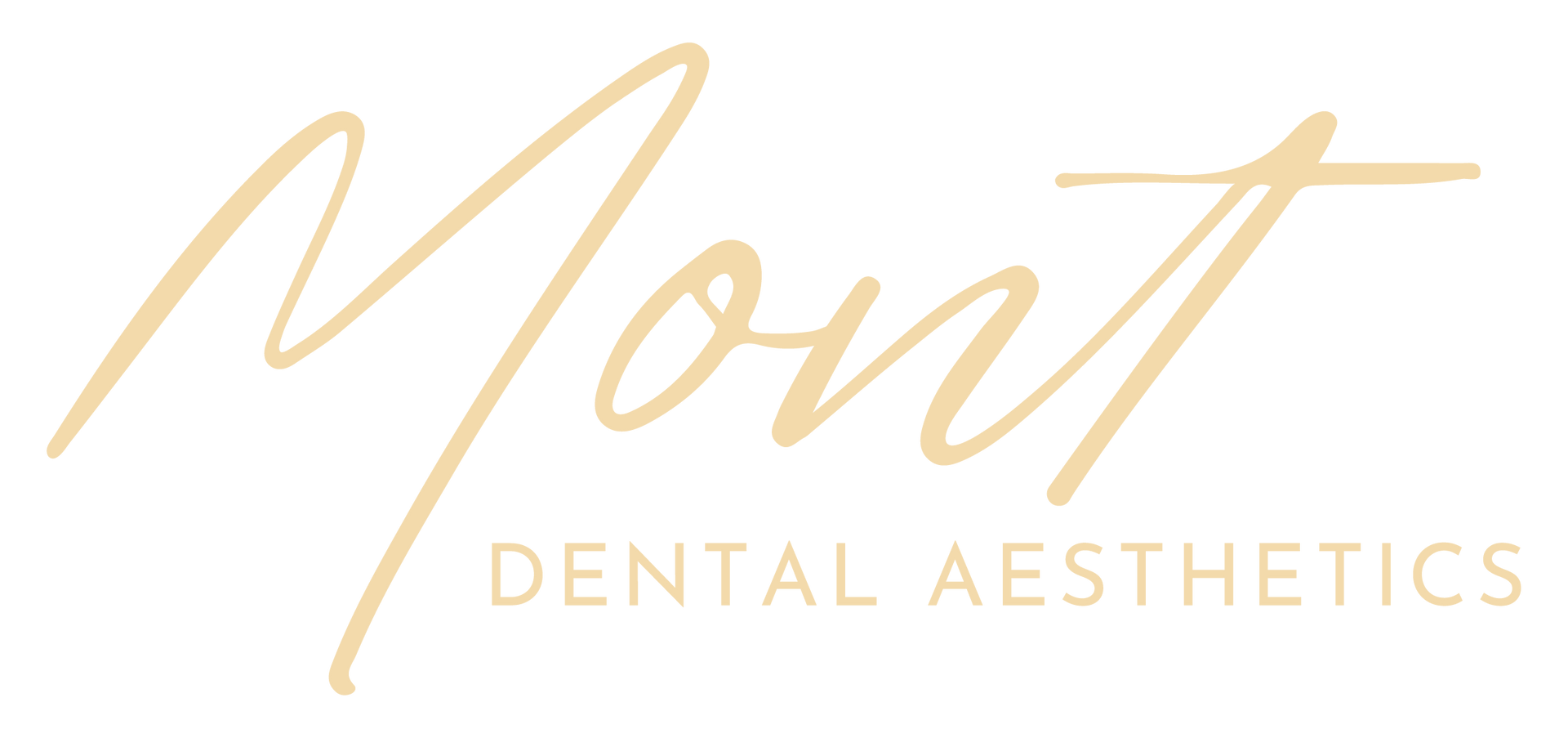 Logo for Mont Dental Aesthetics in a gold cursive font over beige capitalized sans-serif text.