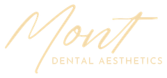 Logo for Mont Dental Aesthetics in a gold cursive font over beige capitalized sans-serif text.