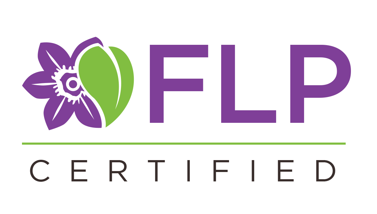 The FLP Certified logo featuring a purple flower and green leaf icon next to purple text with a horizontal line below.