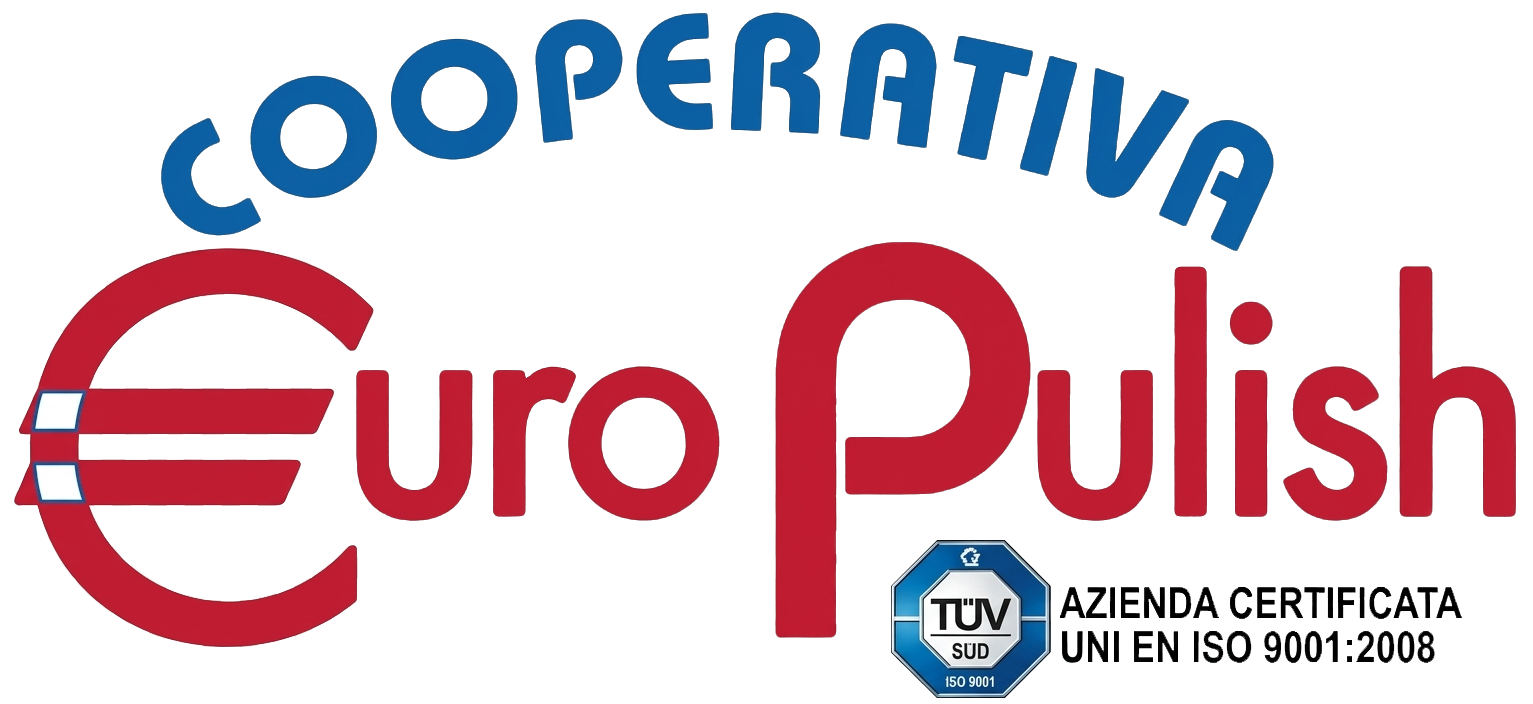 Logo per Cooperativa Euro Pulish con testo rosso e badge di certificazione TÜV per gli standard UNI EN ISO 9001:2008.