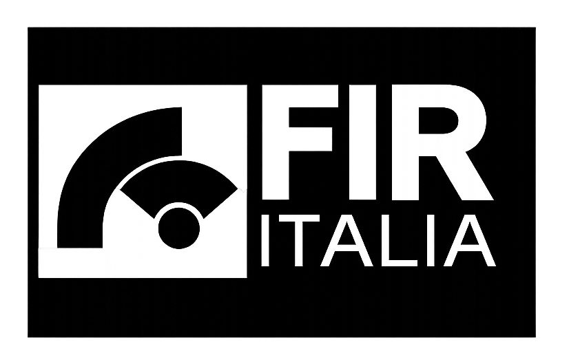Logo FIR Italia in bianco e nero: un disegno geometrico con la scritta "FIR ITALIA".