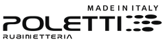 Logo per Poletti rubinetteria, prodotto in Italia. Testo nero con una "E" stilizzata e puntini.
