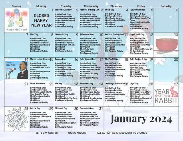 Adult Day Health Care, Activity Calendar