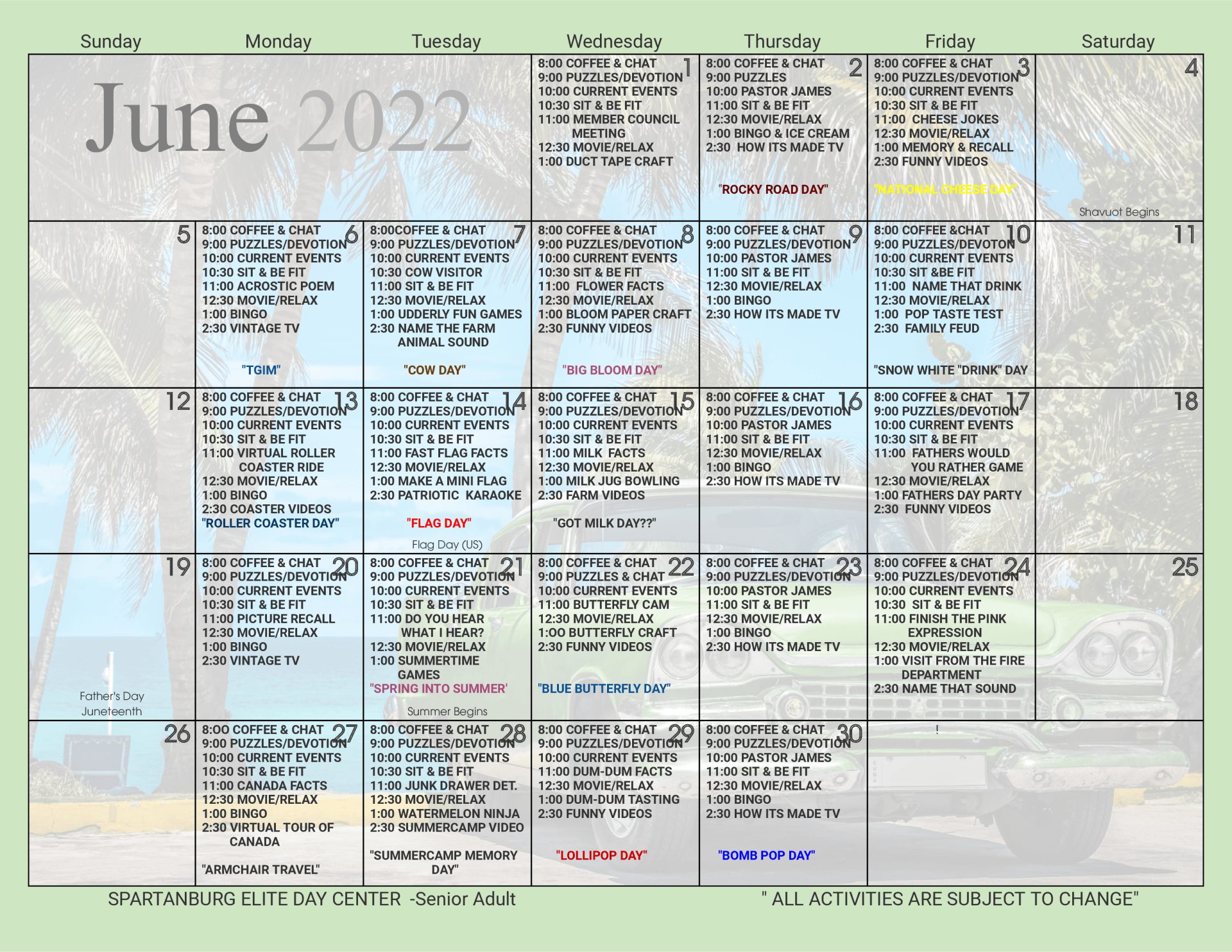 Day Center Activities Calendar Elite Home Care