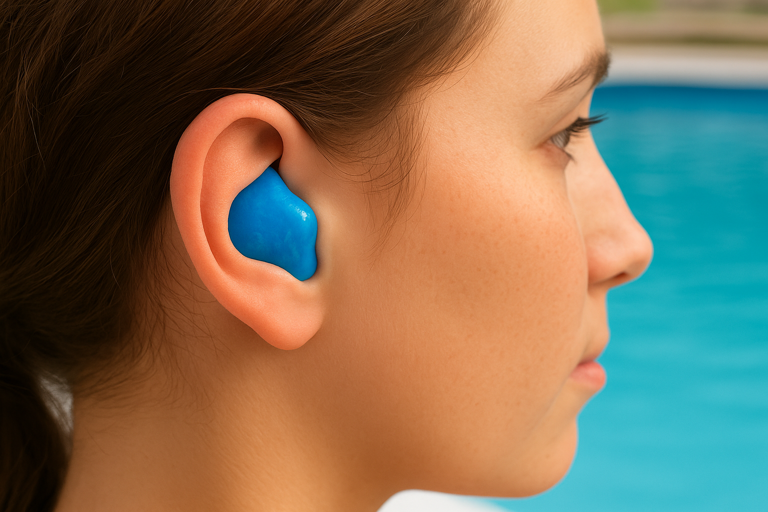 Oreille avec bouchon de baignade sur mesure bleu bien ajusté, en arrière-plan une piscine extérieure