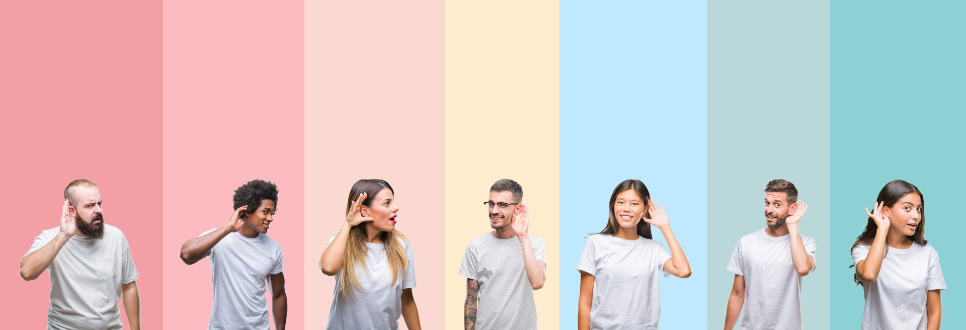 Plusieurs personne qui tend l'oreille pour mieux entendre. Représente le test auditif St-Eustache