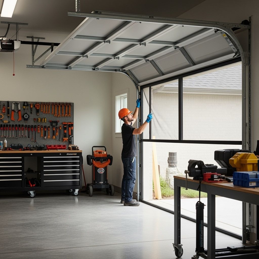 Man installing a screen on a garage door in a well-lit workshop.