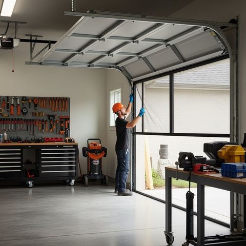 Man in a garage installing a screen on an open garage door. Tools and workbench are visible.