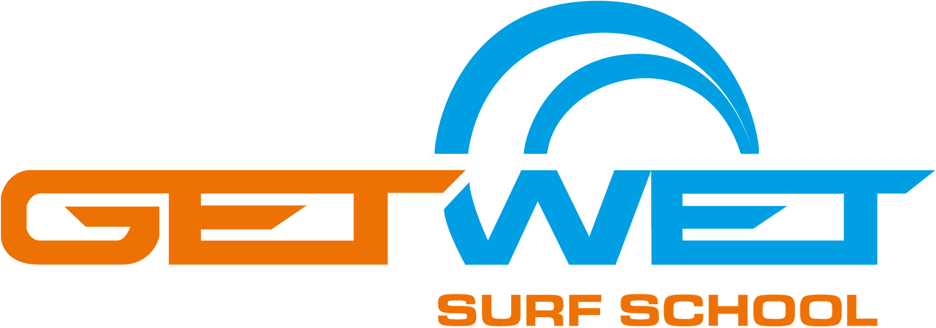 A blue and orange logo for get wet surf school