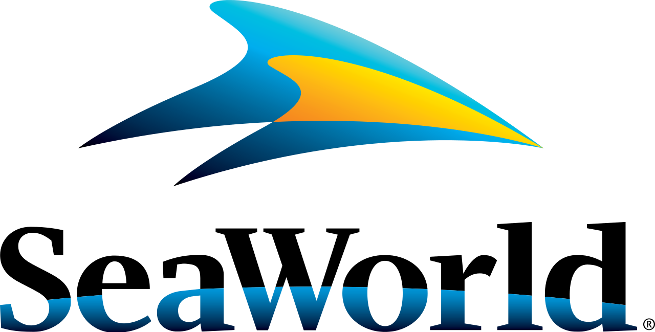 A seaworld logo with a blue and yellow arrow