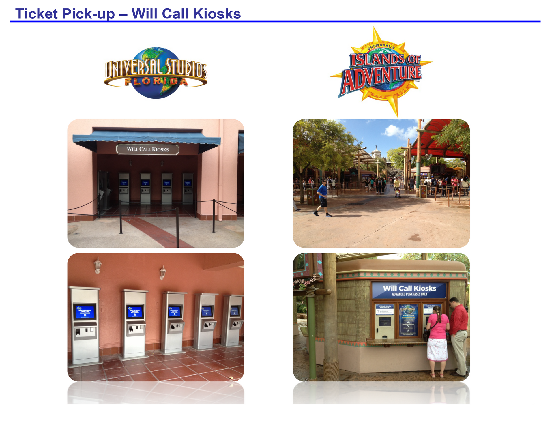 Instructions on how to collect Universal Orlando Resort Florida tickets at the will call kiosks