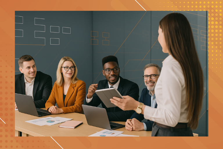Business people in a conference room engaging with a consultant