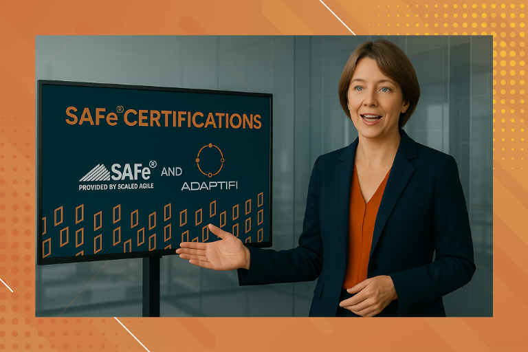 A woman presenting and speaking about SAFe Certifications, which is displayed on the computer screen next to her
