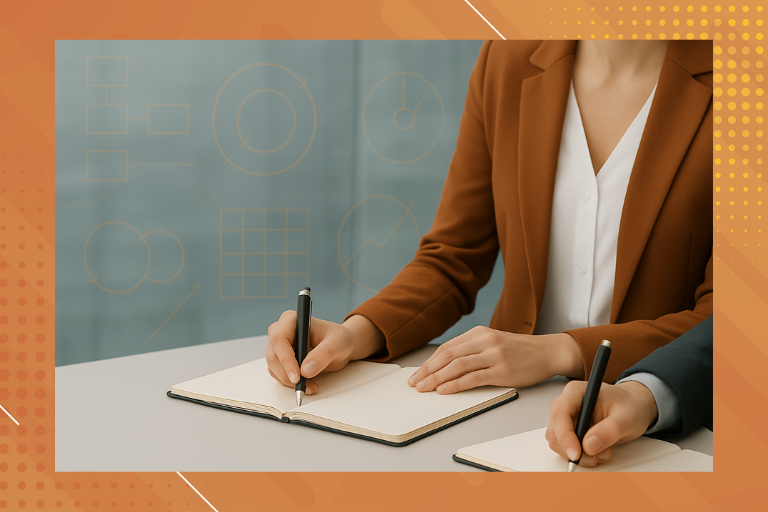Two sets of hands taking notes during a workshop