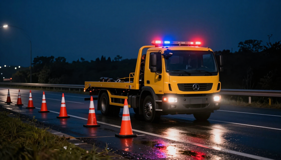 Asistencia en ruta nocturna con grúa y luces de emergencia