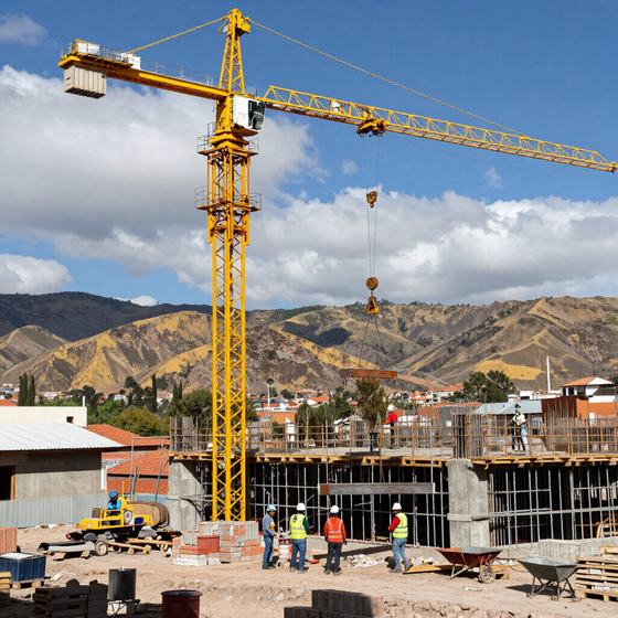 Obra en construcción con grúa torre amarilla, trabajadores y estructura de hormigón