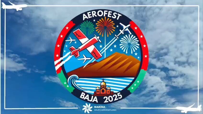 A logo for aerofest baja 2025 with airplanes and fireworks
