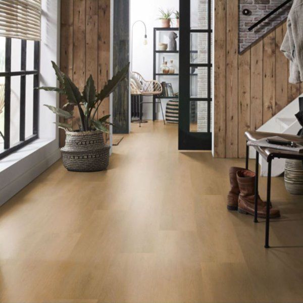 Een gang met een houten vloer en een potplant