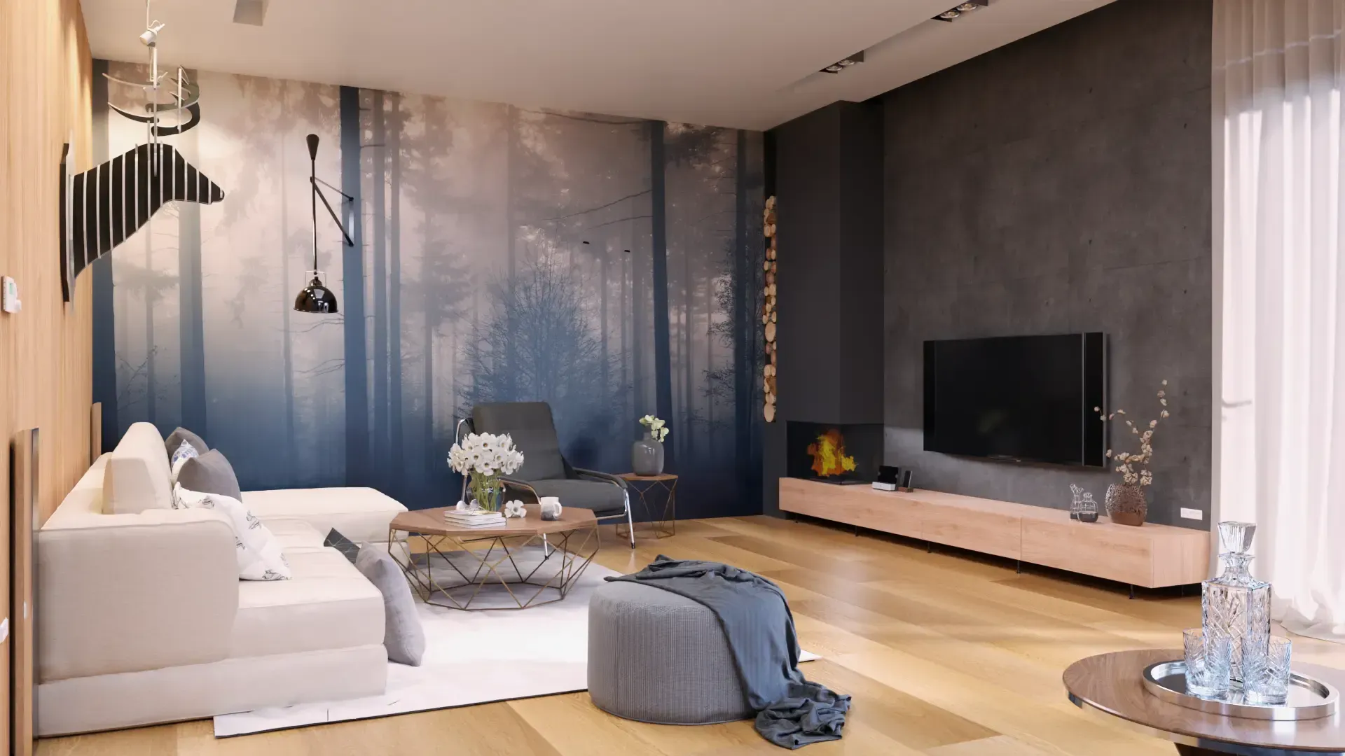 Een woonkamer met een bank, stoel, tafel en televisie.