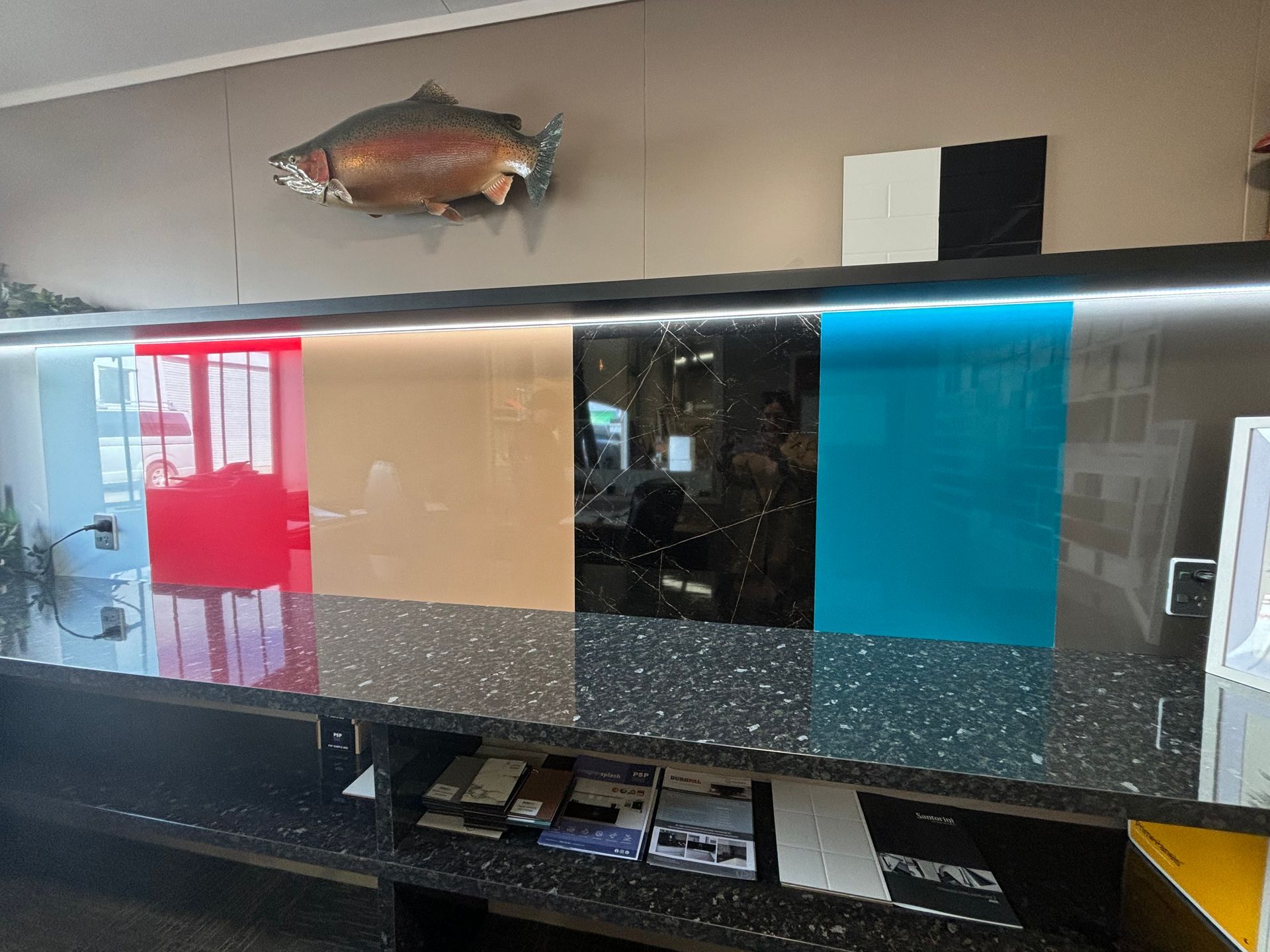 A fish is hanging on the wall above a counter with different colors of glass.