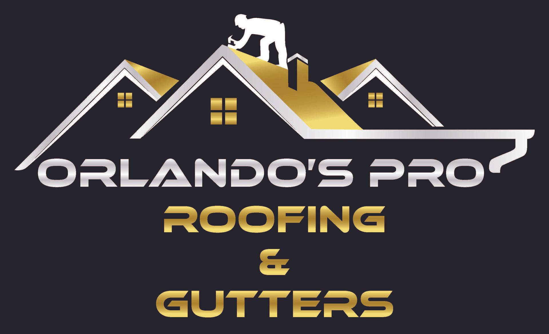 Logo: Golden roof outline with silver trim, figure working on the roof, text 