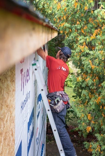 A person in a red shirt works on the exterior wall of a building from a ladder, with green trees in the background.