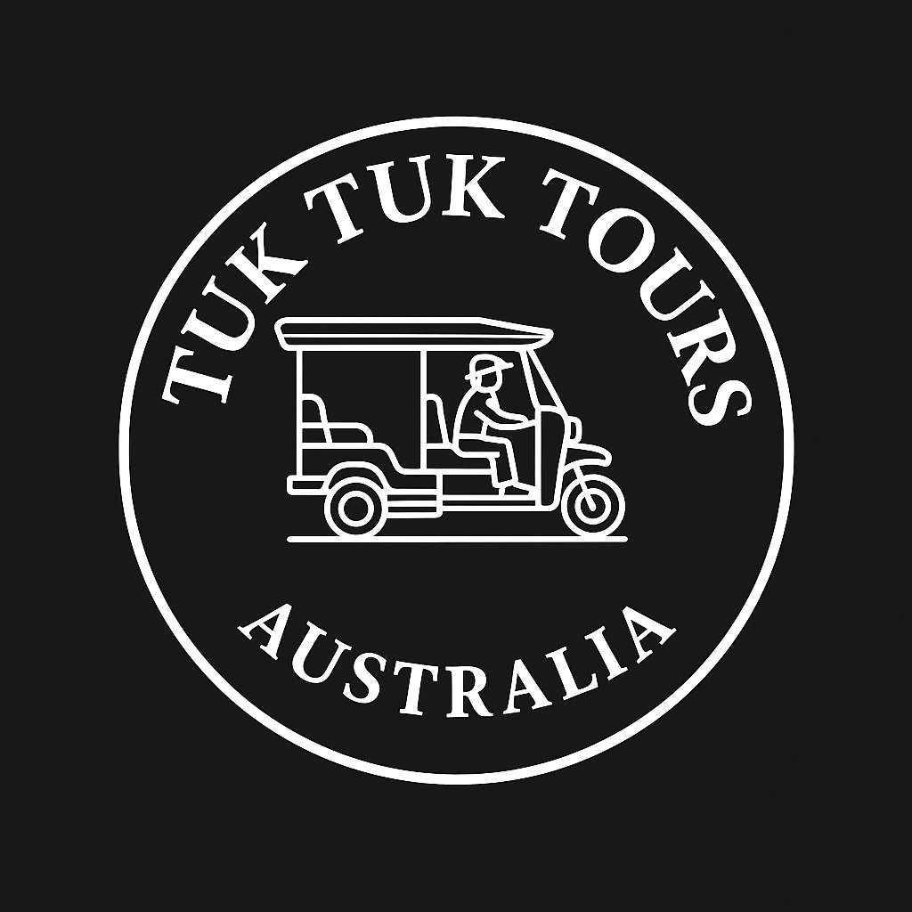 Logo for Tuk Tuk Tours Australia: white tuk-tuk illustration in a white circle on a black background.