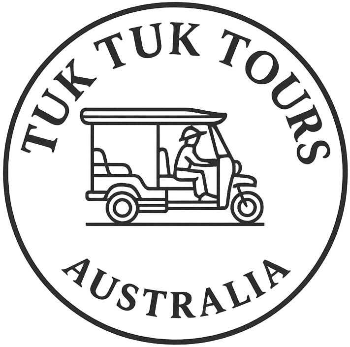 Tuk Tuk Tours Australia logo: Black and white line drawing of a tuk-tuk with driver in a circular frame.