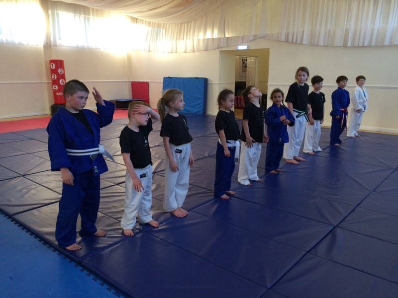A group of kids are standing on a mat in a gym