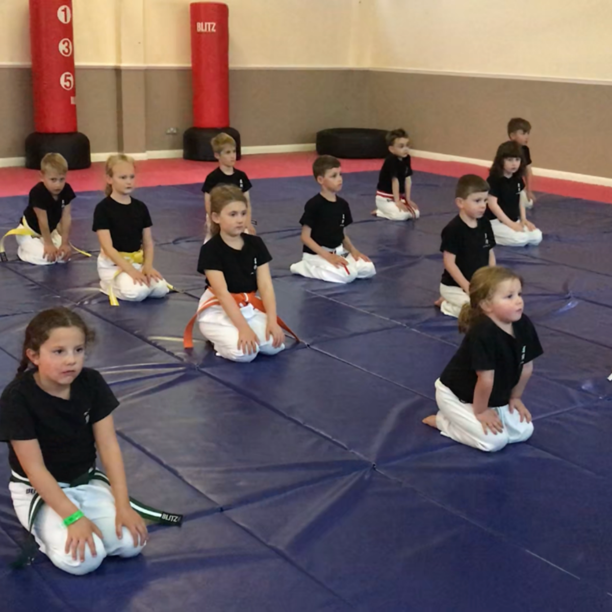 A group of children are kneeling on a mat in a gym
