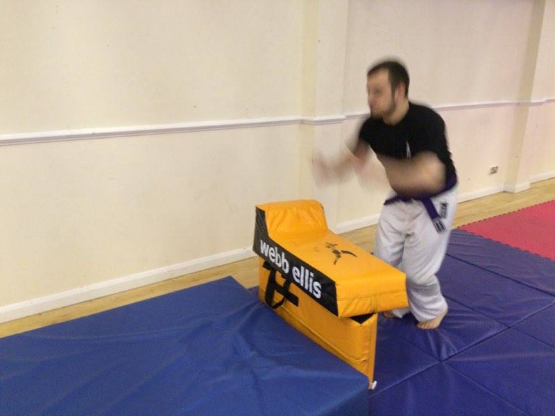 A man is practicing martial arts on a mat that says web ellis
