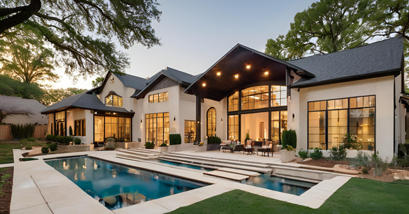 A large house with a large swimming pool in the backyard