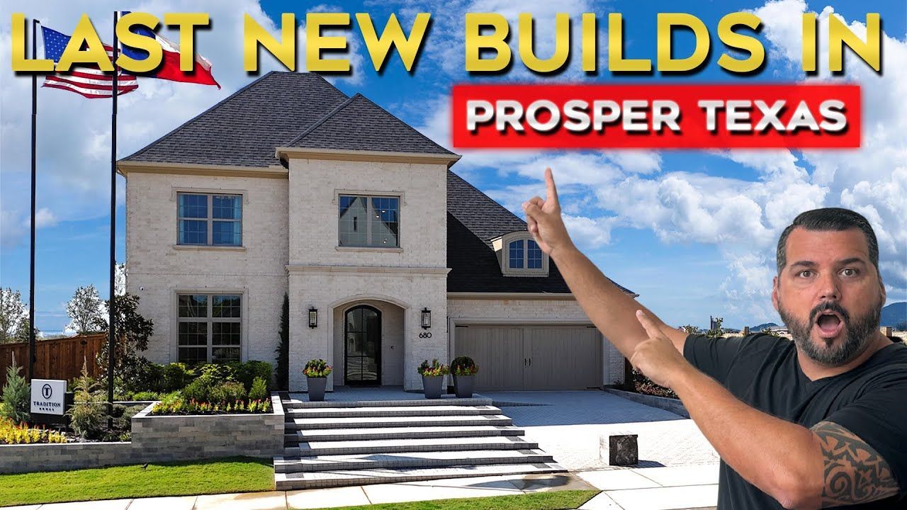 Man pointing at a large, light-colored house in Prosper, Texas, with a red and blue title overlay.