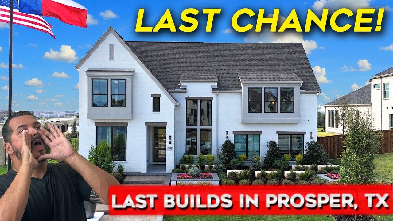 A man shouting near a modern white house in Prosper, TX, with flags and text: 