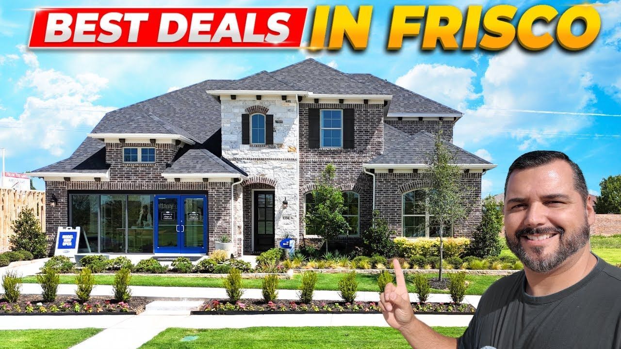 Man points to a house in Frisco, Texas, with the text 