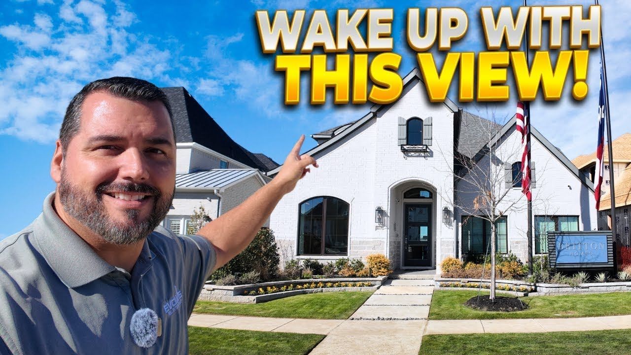 Man points at a white house with a blue sky background; text reads