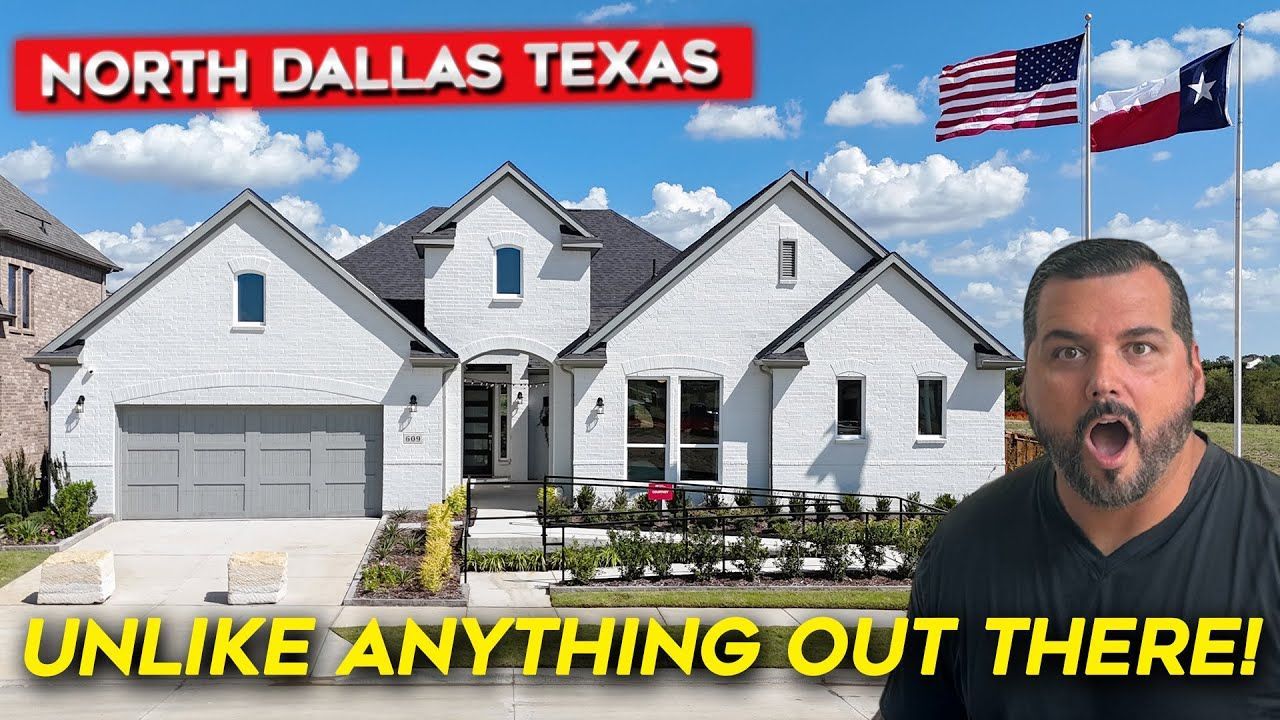 Man with surprised expression in front of a North Dallas Texas house with US and Texas flags.