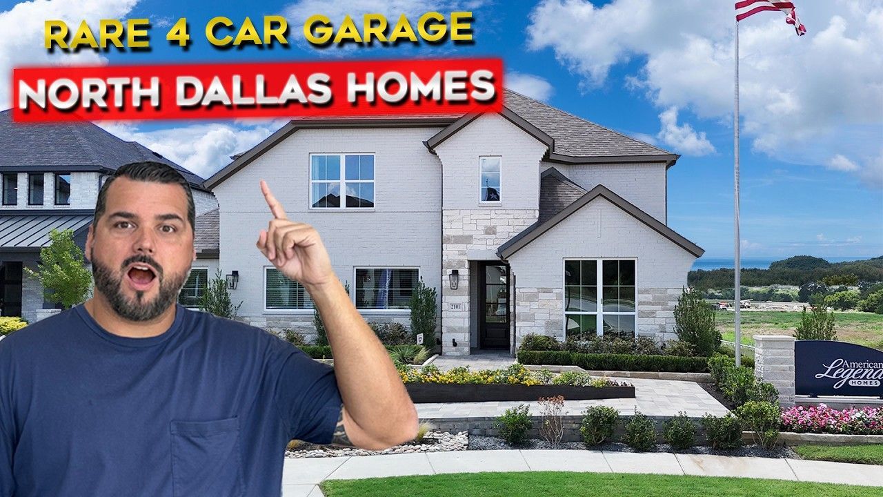 Man pointing at a two-story North Dallas home with a 4-car garage. White exterior, blue sky.