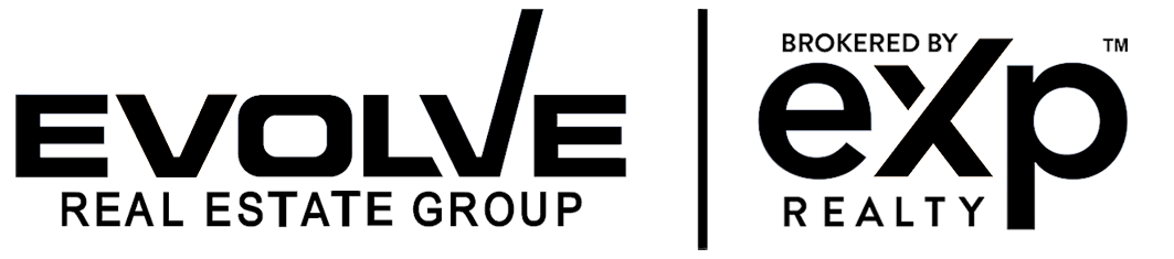 The logo for evolve real estate group realty is black and white.