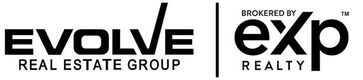 The logo for evolve real estate group realty is black and white.