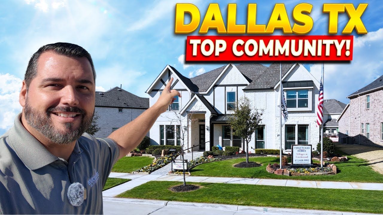 Man points to a white house with a green lawn; text: