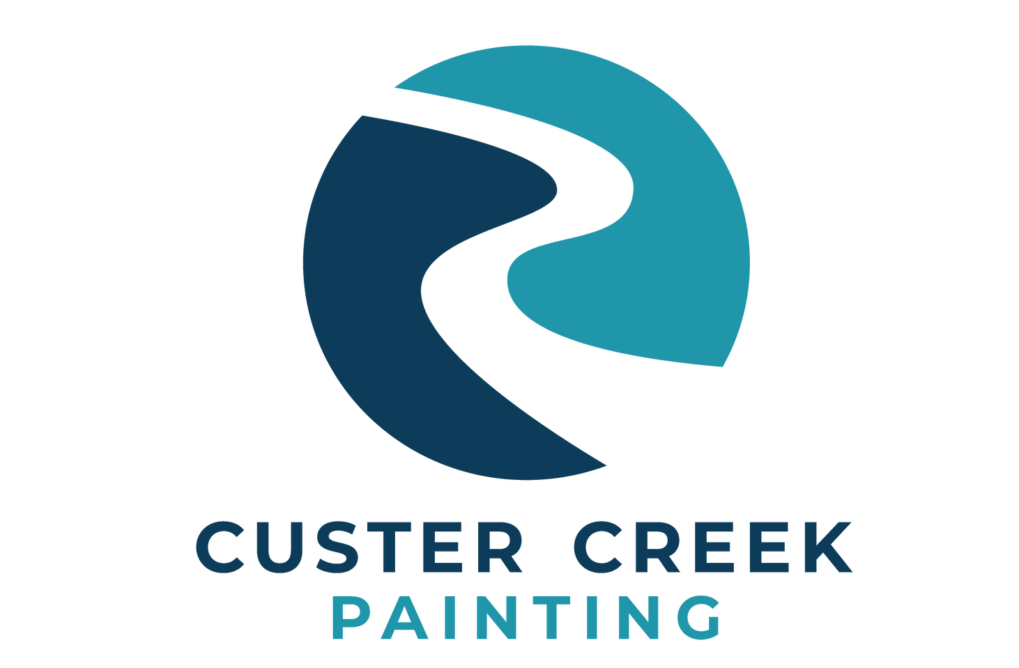 A blue and white logo for custer creek painting