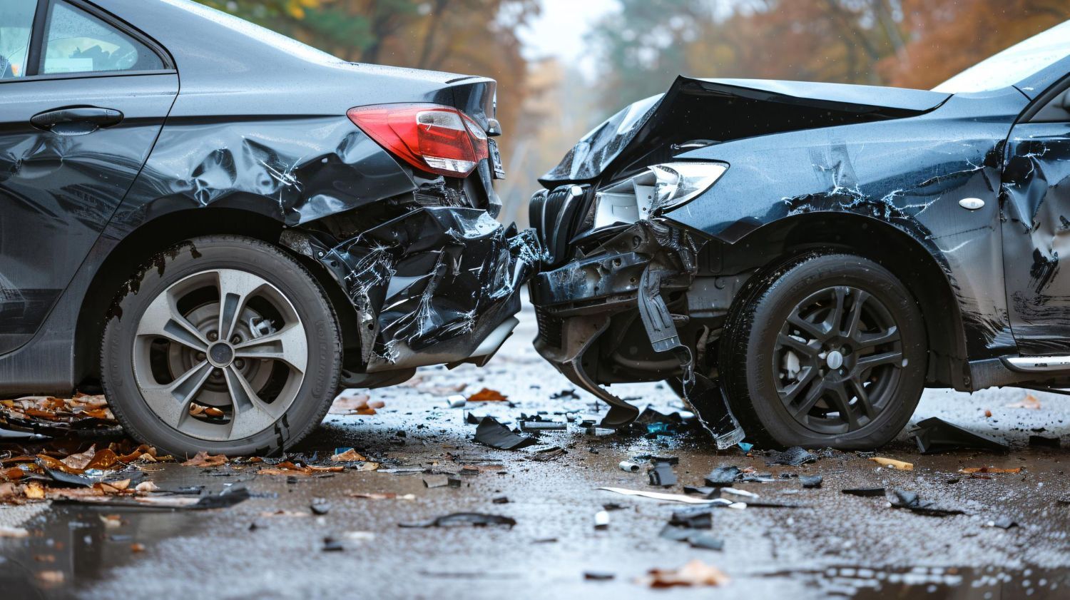 Two black cars crashed, front to back, on a wet road. Damage is visible on both vehicles.
