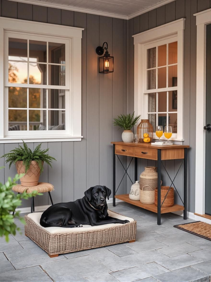 Black dog lounging on a woven bed on a patio with windows, a side table, and potted plants.